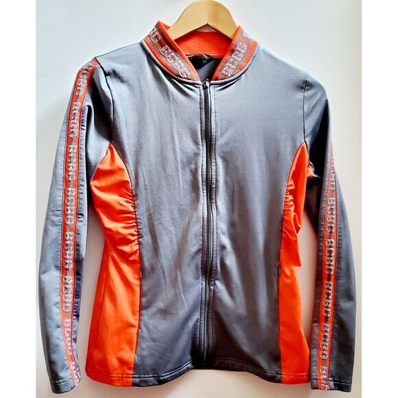 BCBG MAXAZRIA Track Jacket XS Activewear Puckered Zip Up Grey/Orange Logo Sleeve - Picture 2 of 8